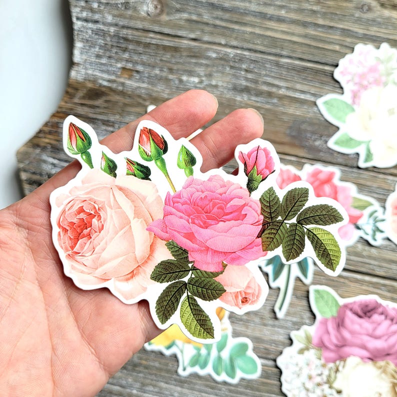 Vintage Flower Stickers . Large Cardstock DieCut Stickers . Set of 7 . Junk Journal Ephemera Art Journal Supplies . Scrapbooking . Glue Book imagen 6