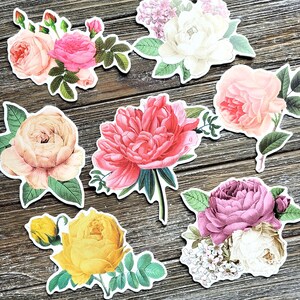 Vintage Flower Stickers . Large Cardstock DieCut Stickers . Set of 7 . Junk Journal Ephemera Art Journal Supplies . Scrapbooking . Glue Book imagen 3