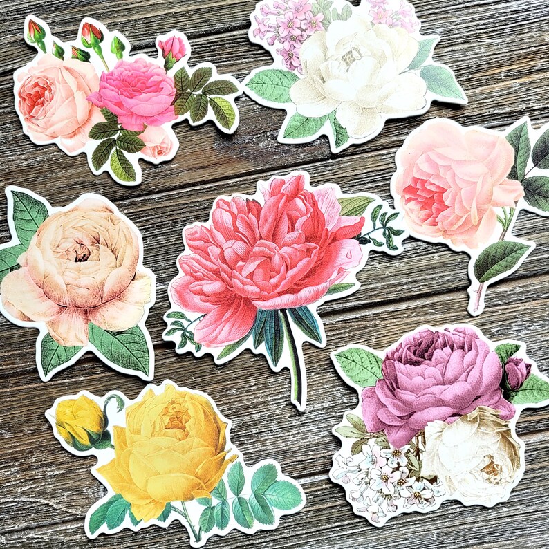 Vintage Flower Stickers . Large Cardstock DieCut Stickers . Set of 7 . Junk Journal Ephemera Art Journal Supplies . Scrapbooking . Glue Book imagen 3