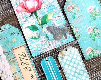 Set of 5 . Teal Floral Gift Tags . Junk Journal Tags . Art Journal Ephemera Junk Journal Supplies . Scrapbook Supplies . Colorful Hang Tags