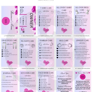 May include: A set of 15 printable care instruction cards for sublimation products. The cards feature a pink and grey colour scheme with hearts and a "Made with Love" logo. The cards include instructions for t-shirts, blankets, tumblers, mugs, jewellery, journals, keychains, and face masks.