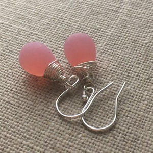 Pink Teardrop Earrings. Matte Pink Drop Earrings. Soft Milky Pink Sterling Silver Earrings. Wire Wrapped Briolette Earrings. UK Seller