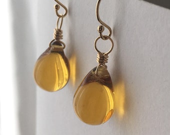 Medium Honey Amber Glass Teardrop Briolette Gold Filled Earrings
