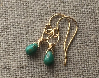 Green Turquoise Tiny Glass Drop Gold Filled Earrings