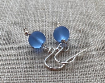 Sapphire Blue Recycled Glass Bead Sterling Silver Earrings