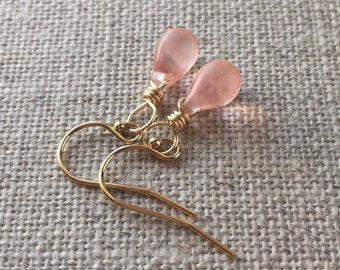 Matte Pink Petite Teardrop Gold Filled Earrings. Briolette Earrings. Wire Wrapped. Wedding Earrings