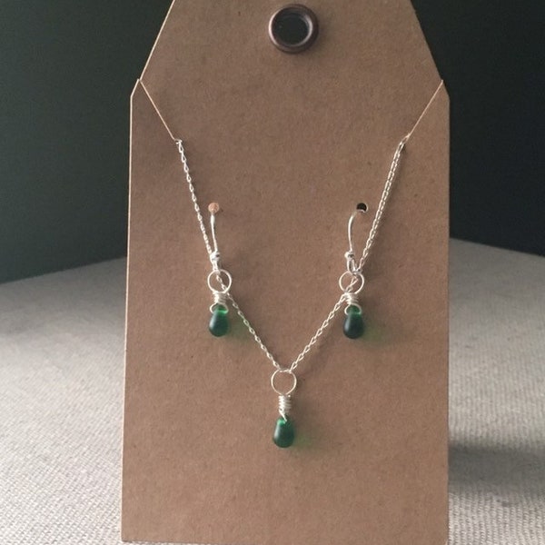 Emerald Green Faux Sea Glass Extra Small Teardrop Sterling Silver Earrings And Pendant With Chain Necklace Set. Christmas Gift For Her