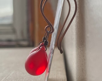 Matte Red Teardrop Oxidized Copper Earrings