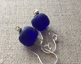 Cobalt Blue Recycled Glass Sterling Silver Earrings.