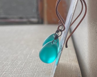 Matte Teal Teardrop Oxidized Copper Earrings