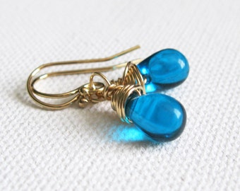 Blue Turquoise 14k Goldfilled Earrings. Petite Teardrop Earrings. UK Seller. Modern Wire Wrapped Earrings. Wedding Earrings. Gifts For Her