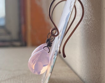 Milky Pink Teardrop Oxidized Copper Earrings