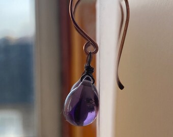 Rich Amethyst Purple Teardrop Oxidized Copper Earrings