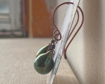 Green Iridescent Teardrop Oxidized Copper Earrings