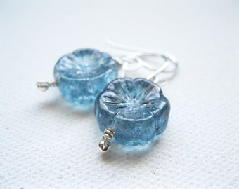 Silvery Blue Flower Bead Earrings. Blue Blossom Earrings. Sterling Silver Earrings. Gift For Her. Wedding Earrings. Bridesmaid Earrings