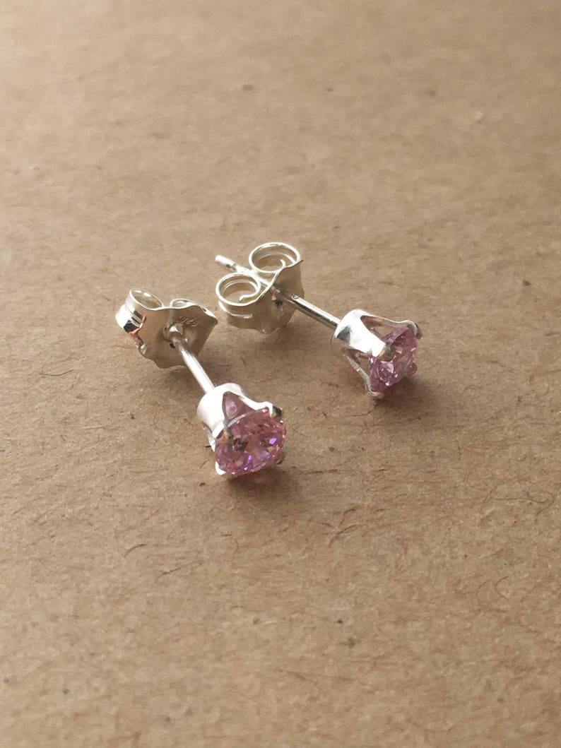 Sterling Silver Pink Cubic Zirconia 4 mm Stud Earrings. CZ Stud Earrings. Wedding Earrings. Modern Earrings. Gift For Her. UK Seller image 2