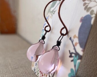 Rose Pink Teardrop Oxidized Copper Earrings
