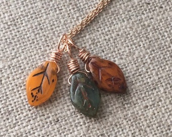 Autumnal Green Rusty Brown Orange Leaves Czech Glass Rose Gold Filled Pendants Set. Autumn Themed Gift For Her