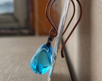 Aqua Blue Teardrop Oxidized Copper Earrings