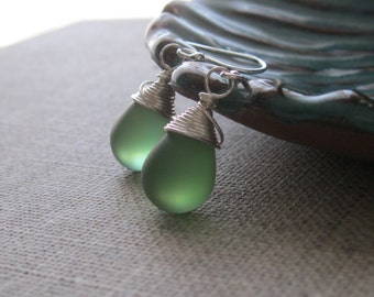 Matte Light Green Teardrop Earrings. Frosted Faux Sea Glass Earrings. Briolette Earrings. Wire Wrapped Earrings. Contemporary Earrings