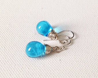 Aqua Blue Teardrop Earrings. Blue Sterling Silver Earrings. Contemporary Earrings. Handmade Jewellery. Blue Wire Wrapped Earrings. UK Seller