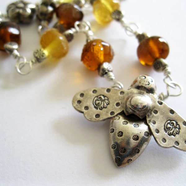 Reserved for Elizabeth Wood - Fair Trade Fine Silver Bee Pendant & Honey Artisan Lampwork Beads Necklace and Earrings Set - UK Seller