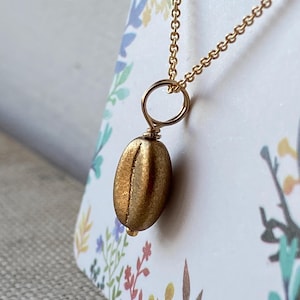 May include: A gold-colored necklace featuring a pendant shaped like a coffee bean. The pendant is suspended from a delicate gold chain. The background is a white surface with a floral pattern.