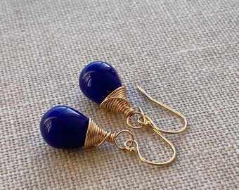 Opaque Blue Teardrop Gold Filled Earrings