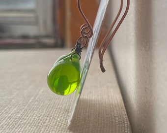 Opaline Lime Green Teardrop Oxidized Copper Earrings