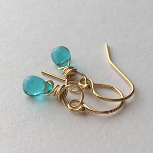 Light Teal Extra Petite Teardrop Gold Earrings. Briolette Earrings. Gold Filled Earrings. Wedding Earrings. Bridesmaid Earrings. UK Seller