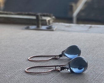 Inky Blue Teardrop Oxidized Copper Earrings