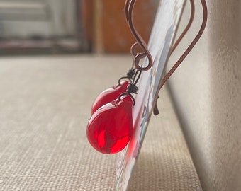 Red Teardrop Oxidized Copper Earrings
