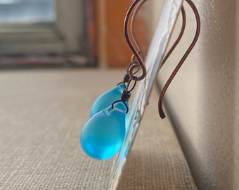 Matte Aqua Blue Teardrop Oxidized Copper Earrings