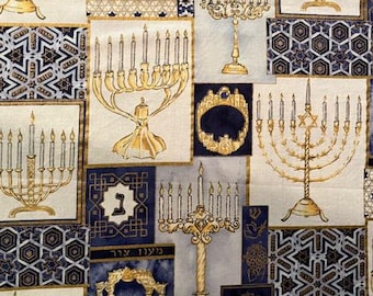 Alexander Henry 1996 Hanukkah Fabric, Menorah, Star of David, Judaica, Crown, Dove, 31" x 43"