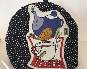 Tea cozy / appliqué front and back/cotton black and white fabric inside / quilted / Judy Kahooti original design