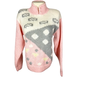 Vintage sweater 1980’s chunky knit pastel size Large shoulder pads Runs Small