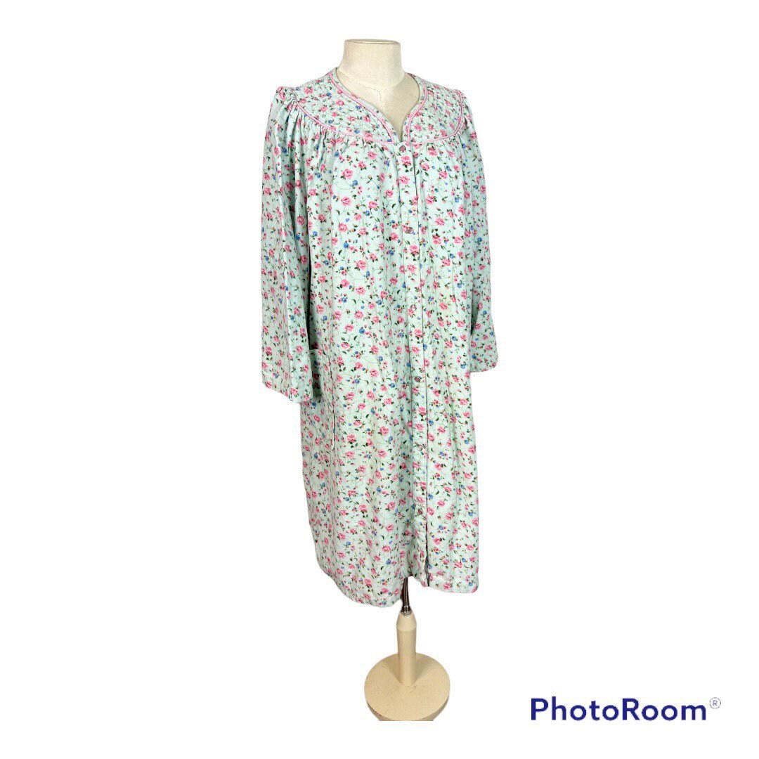 Vintage Flannel Housecoat Pearl Snap Mint Green Rose Pattern Etsy