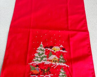 Vintage handmade cross stitched hand towel Christmas red sleigh country scene display vignette