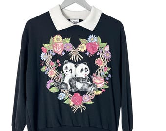 90s Vintage Sweatshirt Sweater Size Small Black with collar Panda Kawaii Fairy Kei Grandma