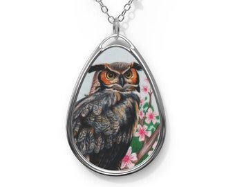 Great Horned Owl in Sakura Oval Necklace