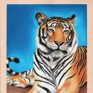 May include: A detailed drawing of a tiger with orange and black stripes, sitting on a brown surface against a blue background. The tiger has a serious expression and is looking directly at the viewer. The drawing is signed "Sherrie Perez ©2020".