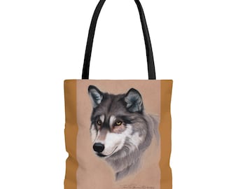 Wolf on Tan AOP Tote Bag