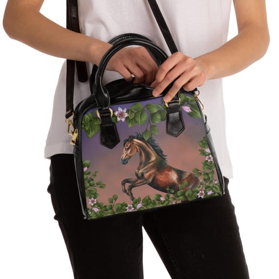 Equine Elegance Shoulder Handbag, Floral Horse Handbag, Equestrian