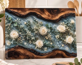 White Rose Glass Cutting Board, Floral Resin Kitchen Decor, Rustic Wood River Look, Elegant Cottagecore Charcuterie Board, Wedding Gift