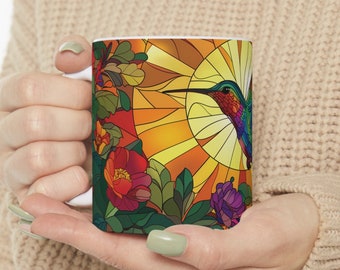 Hummingbird Stained Glass Mug Decorative Hummingbird Coffee Mug Gift Delightful Cup for Bird Enthusiast Artistic Gift for Nature Admirer
