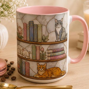 May include: A ceramic mug with a light pink interior and handle, featuring a wrap-around illustration of three wooden shelves filled with colorful books, flowers, and three cats: a grey and white cat, a sleeping white cat, and an orange tabby cat.