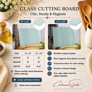 May include: Two rectangular glass cutting boards in light green, shown in 8 by 11 inches and 11 by 15 inches. The text reads GLASS CUTTING BOARD, Chic, Sturdy & Hygienic, and lists features like durable tempered glass, textured surface, and non-slip rubber feet.