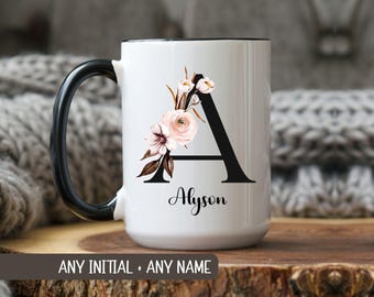 Monogram Initial Name Mug, Customized Name Mug, Floral Coffee Mug Personalized Mug, Custom Gift, Birthday Gift, Christmas Gift, Holiday Gift