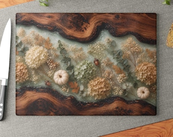 Pumpkin Hydrangea Glass Cutting Board, Resin Wood Look Autumn Charcuterie Board, Farmhouse Fall Decor, Housewarming Gift
