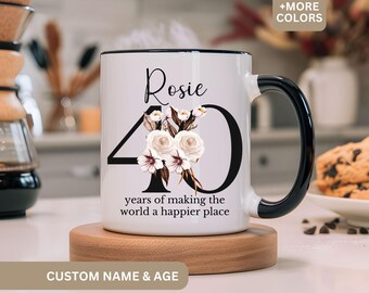 Personalized 40th Birthday Mug, Custom Name Gift for Women, Floral Coffee Cup